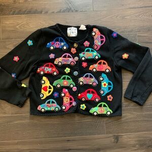 Vintage Michael Simon Black Love Bug VW Beetle Novelty Cardigan Sweater Size L
